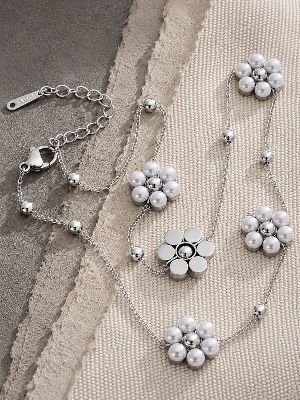 Silver and White Pearl Flower Station Necklace - Picture 4 of 5